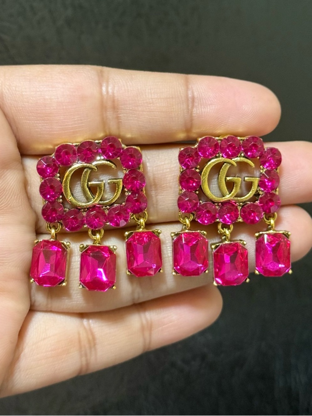 Gold-Tone Earrings with Hot Pink Crystals